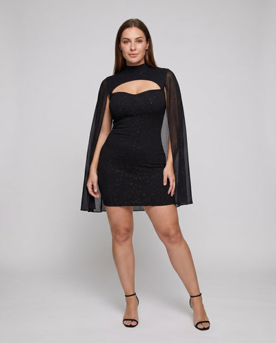 Damen Cape-Minikleid Stehkragen Cutout Glitzer