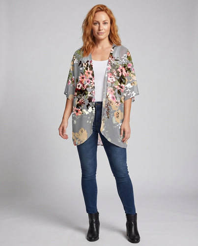 Damen Chiffon-Kimono-Überwurf Floraler Druck Fledermausärmel Offen