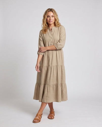 Damen Langärmeliges Leinenkleid mit Stufen-Design Drune