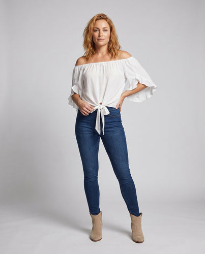 Damen luftiges Off-Shoulder Oberteil mit Knoten Drune