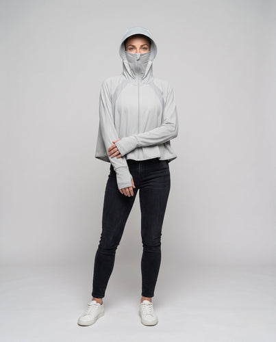 Damen Funktionsjacke mit integriertem UV-Schutz und kopfbedeckender Kapuze Drune