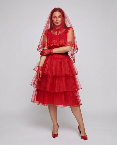 Damen festliches Kostümkleid mit voluminösem Tüllrock und Rüschen Drune