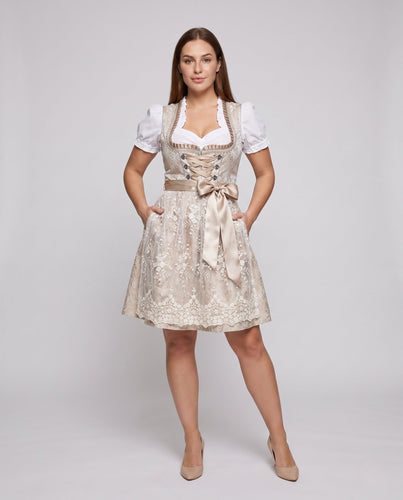 Damen Trachtenkleid mit floralen Stickereien und schimmerndem Taillengürtel Drune