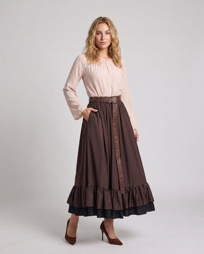 Damen Stilvolles Langarmkleid mit Rüschen und Gürtel Drune