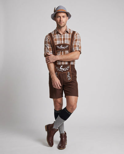 Herren Trachten-Lederhose mit kunstvollen Verzierungen und traditionellem Oberteil Drune