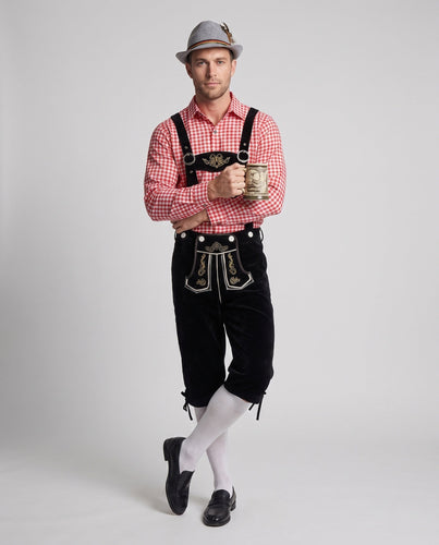 Herren Velourslederhose mit kunstvoller Stickerei und verstellbaren Trägern Drune