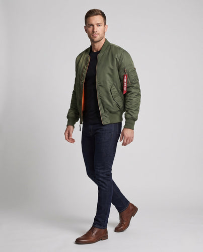 Männers klassische Piloten-Bomberjacke mit Kontrastfutter, Ärmel-Utility-Tasche und geripptem Saum drune