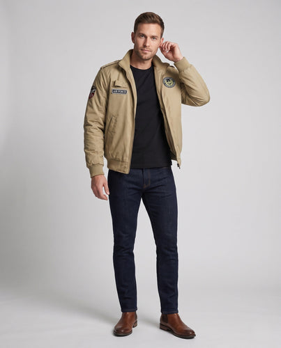 Herren gepolsterte Bomberjacke im Military-Look mit Teddyfutter, Stehkragen & Badge drune