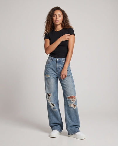 Damen High-Waisted Baggy Jeans im Destroyed Look mit weitem Bein drune