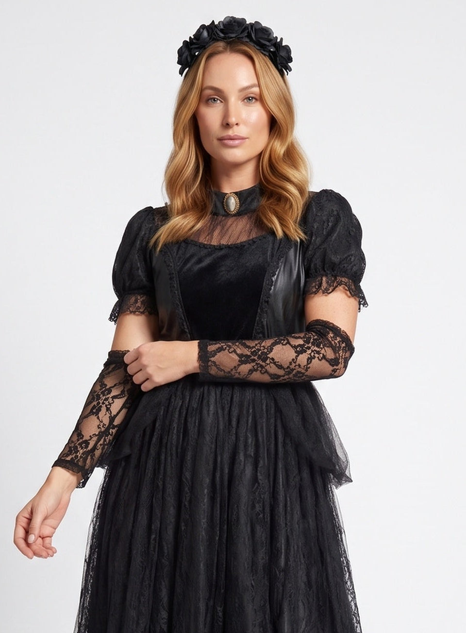 Damen Elegantes Gothic-Kleid mit Spitzen- und Tüllakzenten Drune