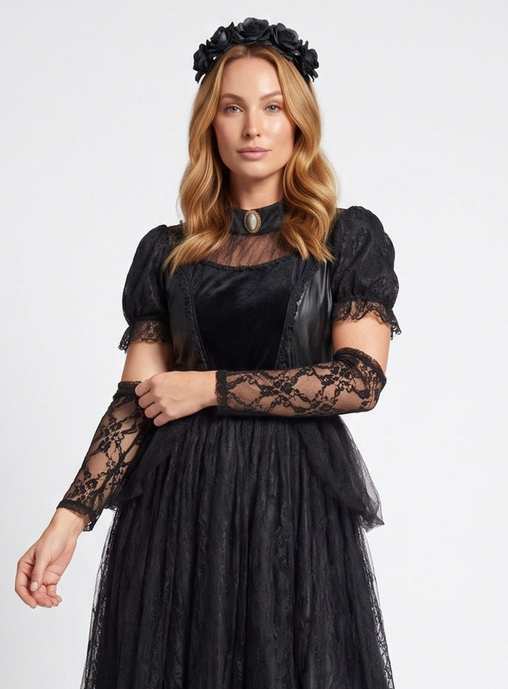 Damen Elegantes Gothic-Kleid mit Spitzen- und Tüllakzenten Drune