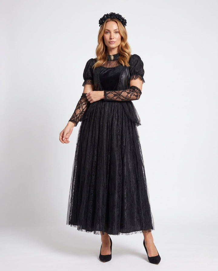 Damen Elegantes Gothic-Kleid mit Spitzen- und Tüllakzenten Drune
