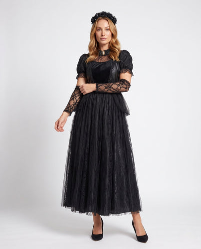 Damen Elegantes Gothic-Kleid mit Spitzen- und Tüllakzenten Drune