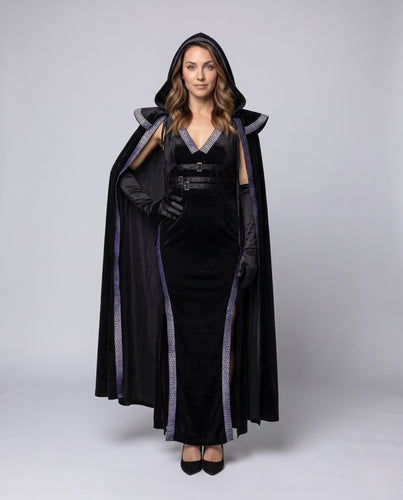 Damen Elegantes Samtkleid mit Kapuze und Rüschendetails Drune