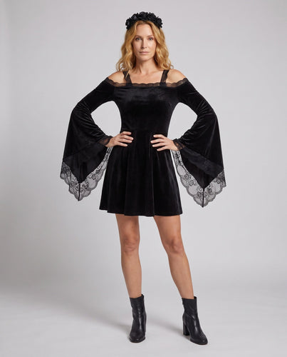 Damen Gothic-Kleid mit Spitzenärmeln und schwingendem Rock Drune