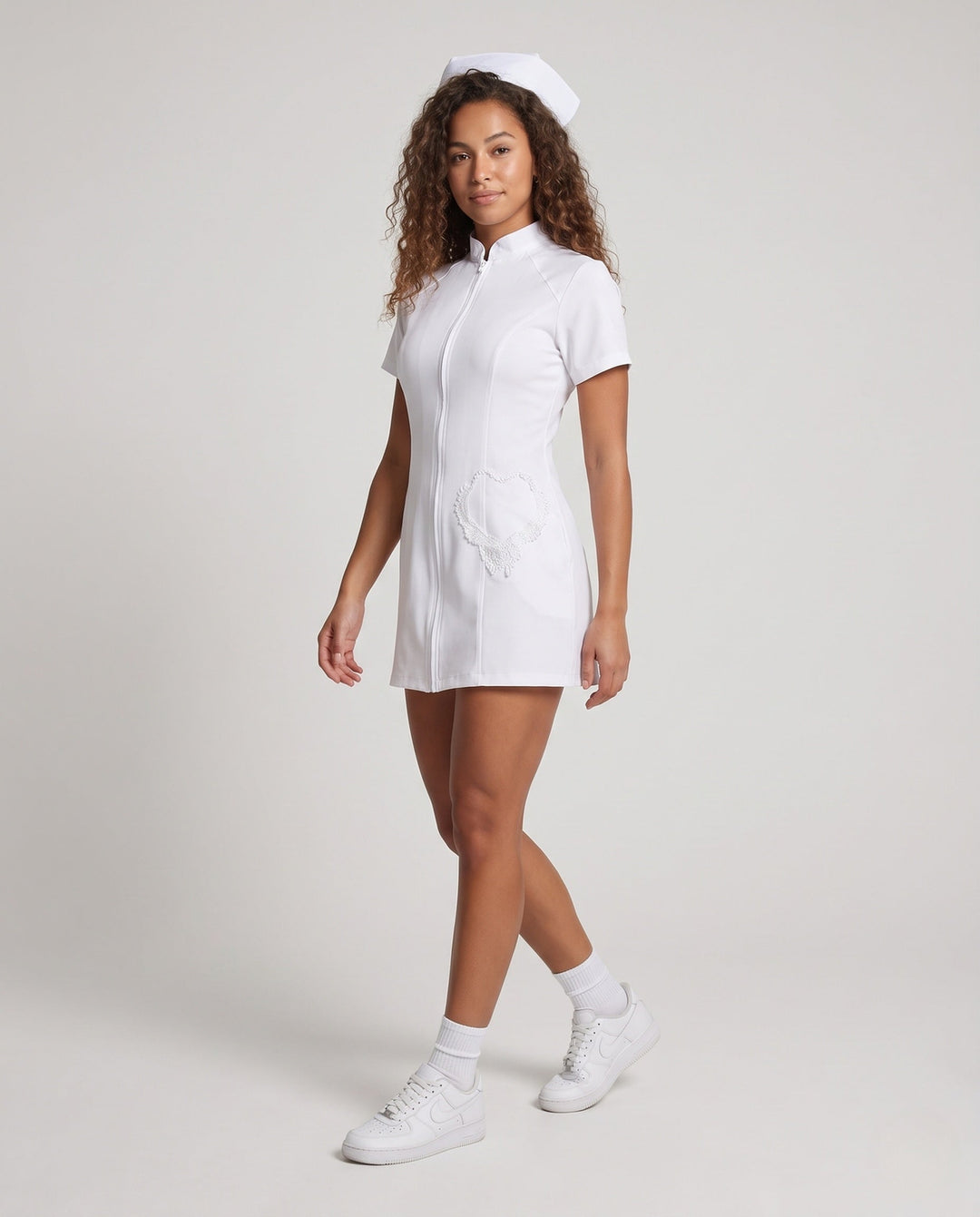 Damen sexy Krankenschwester Kostüm mit Zipper und Strumpfhalter Drune