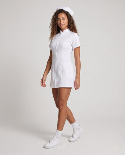 Damen sexy Krankenschwester Kostüm mit Zipper und Strumpfhalter Drune