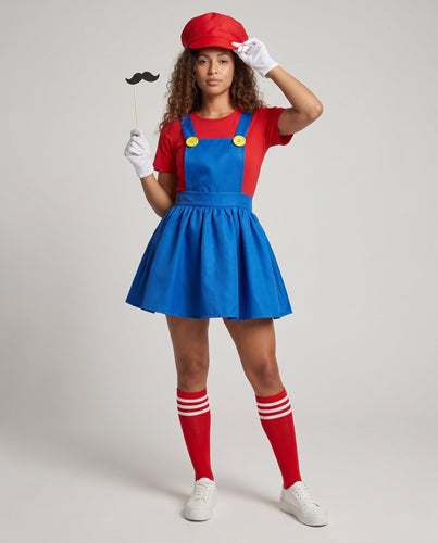 Damen Kostüm im Mario-Stil mit Rock und Charakteraccessoires Drune