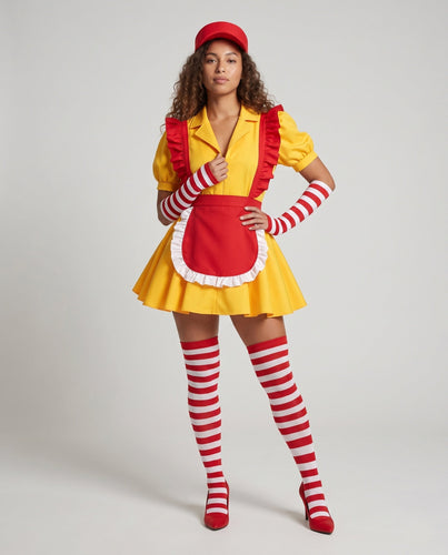 Kostümset für Damen mit Rüschendress, Schürze und gestreiften Strümpfen Drune