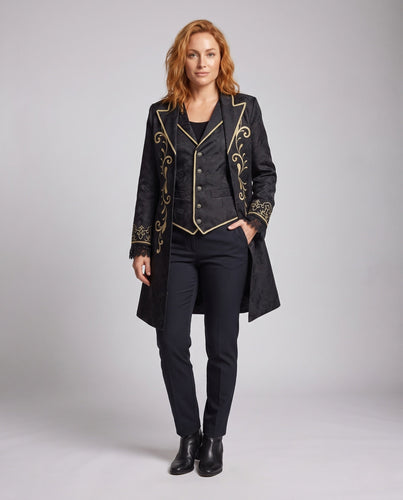 Damen eleganter Brokatmantel mit aufwendigen Verzierungen und tiefem Revers Drune