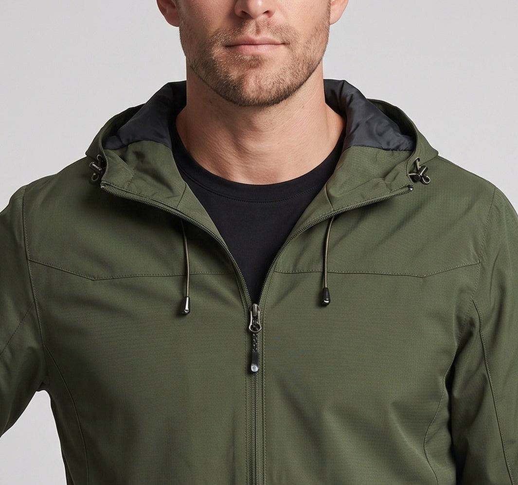 Herren Leichte Funktions Outdoor Jacke mit Kapuze, Mehrlagiges Softshell und Versteckter Reißverschluss Drune