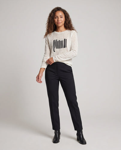 Damen Feinstrick-Pullover mit Rundhalsausschnitt, strukturierter Jacquard-Optik und grafischem Front-Print Drune
