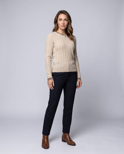 Damen Fluffy Mohair-Optik Kabelstrick Rundhals Pullover mit feiner Rippenstruktur Drune