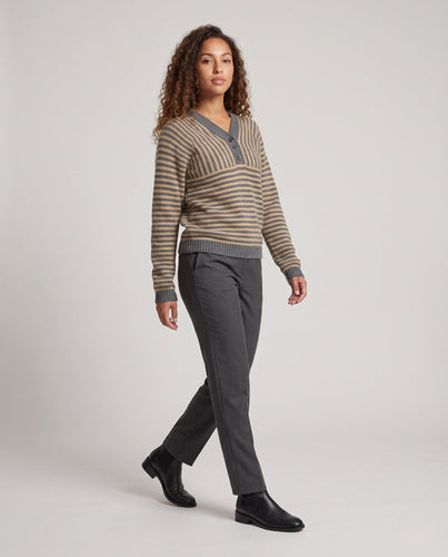 Damen Gestreifter Feinstrickpullover mit V-Ausschnitt, Knopfleiste und Cropped‑Silhouette Drune