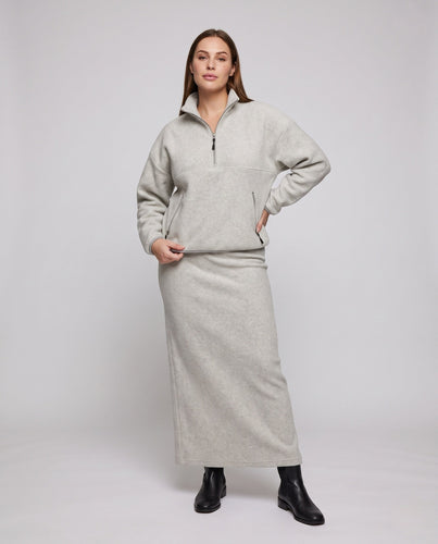 Damen Kuscheliges Fleece-Halbzip-Set mit Oversize-Pullover und Highwaist Maxi-Rock Drune