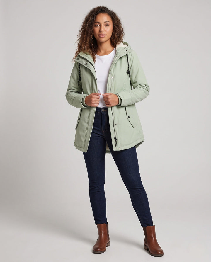 Damen Gefütterte Kapuzenparka mit Teddyfutter, Kordelzug und Pattentaschen Drune