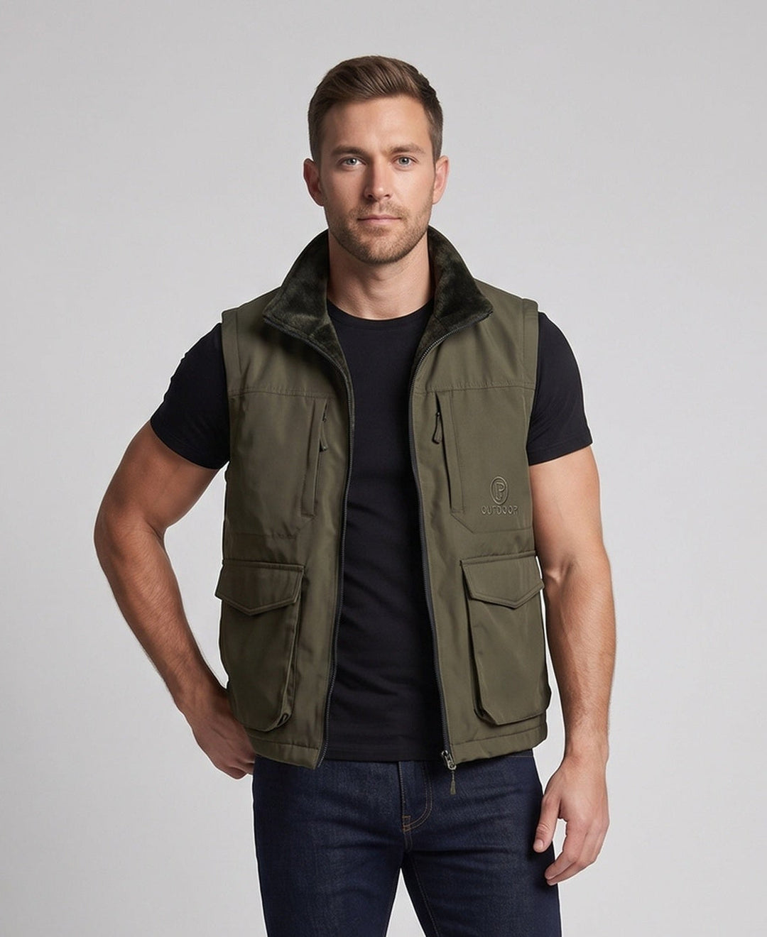 Herren Multifunktionale Outdoor-Weste mit hohem Kragen, Reißverschluss und Mehrfach-Taschen Drune