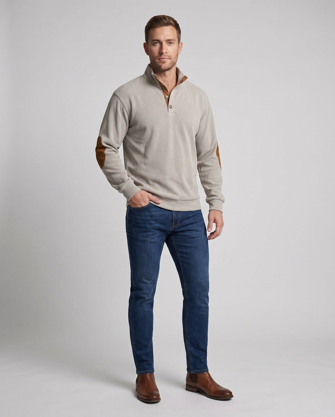 Herren Feinstruktur-Troyer mit aufgesetzter Knopfleiste und Wildleder-Ellenbogenpatches Drune