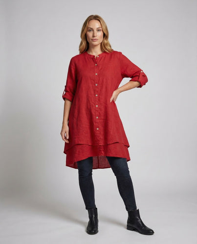 Damen Leinen-Midikleid Stufensaum