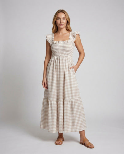 Damen Kariertes Maxikleid Smokoberteil Rüschen-Träger
