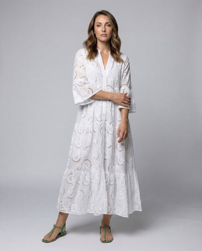 Damen Maxikleid Ajourstickerei Glockenärmel