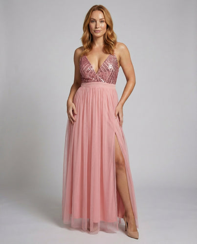 Damen fließendes Tüll-Abendkleid mit Pailletten-Bustier