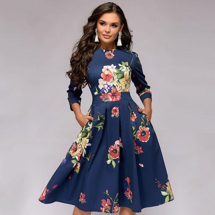 Drune | Lässiges Mittellanges Kleid mit Rundhalsausschnitt Blumendruck und Taschen