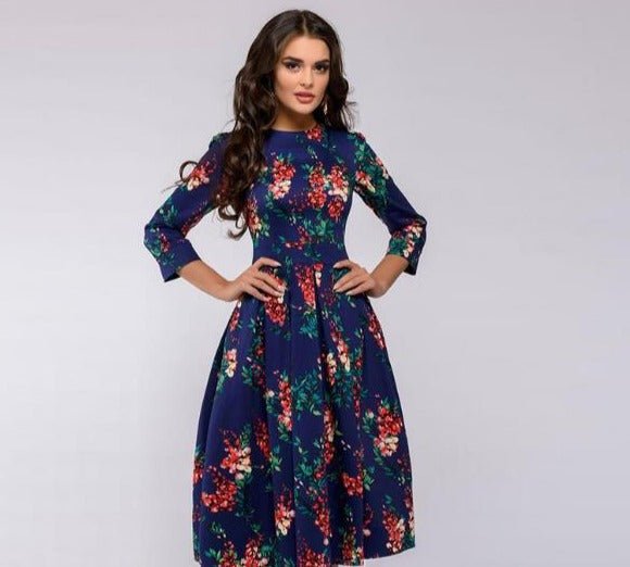Drune | Lässiges Mittellanges Kleid mit Rundhalsausschnitt Blumendruck und Taschen