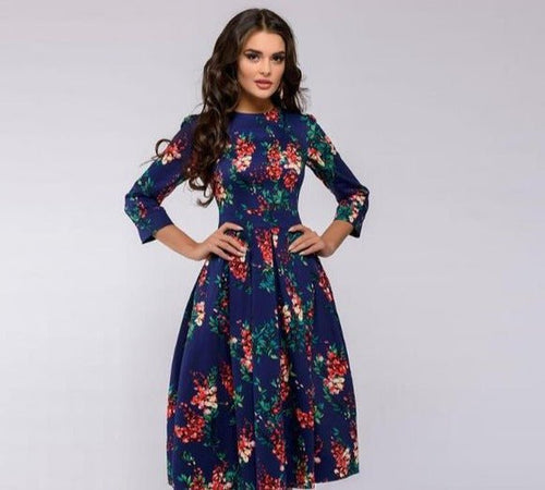 Drune | Lässiges Mittellanges Kleid mit Rundhalsausschnitt Blumendruck und Taschen