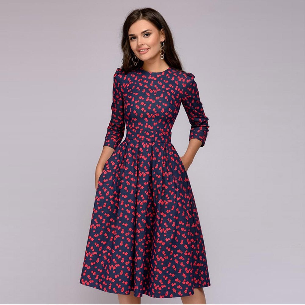 Drune | Lässiges Mittellanges Kleid mit Rundhalsausschnitt Blumendruck und Taschen