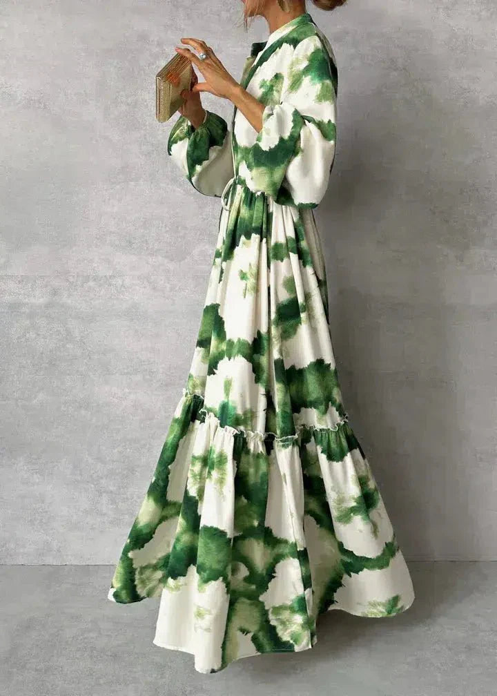 Drune | Maxi Kleid Damen Lange Ärmel Vausschnitt Elegantes und Fließendes Design