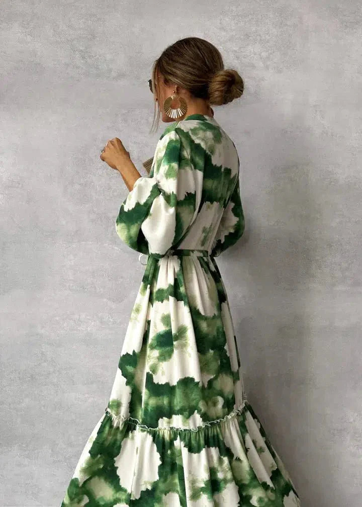 Drune | Maxi Kleid Damen Lange Ärmel Vausschnitt Elegantes und Fließendes Design
