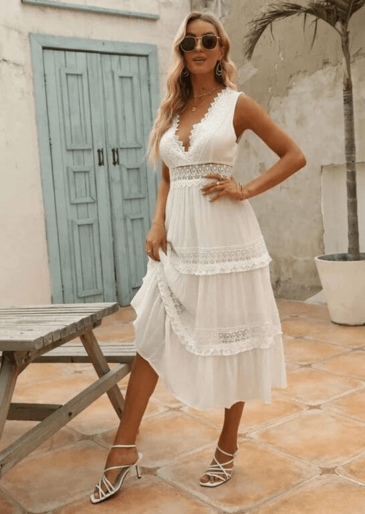 Drune | Elegante Damen Maxi Kleid Mit Spitz V-Ausschnitt Weißes Kleid