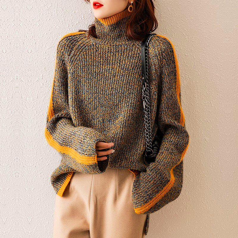 Drune Sweater | Eleganter, übergroßer Rollkragenpullover mit orangefarbenem Streifen für Damen