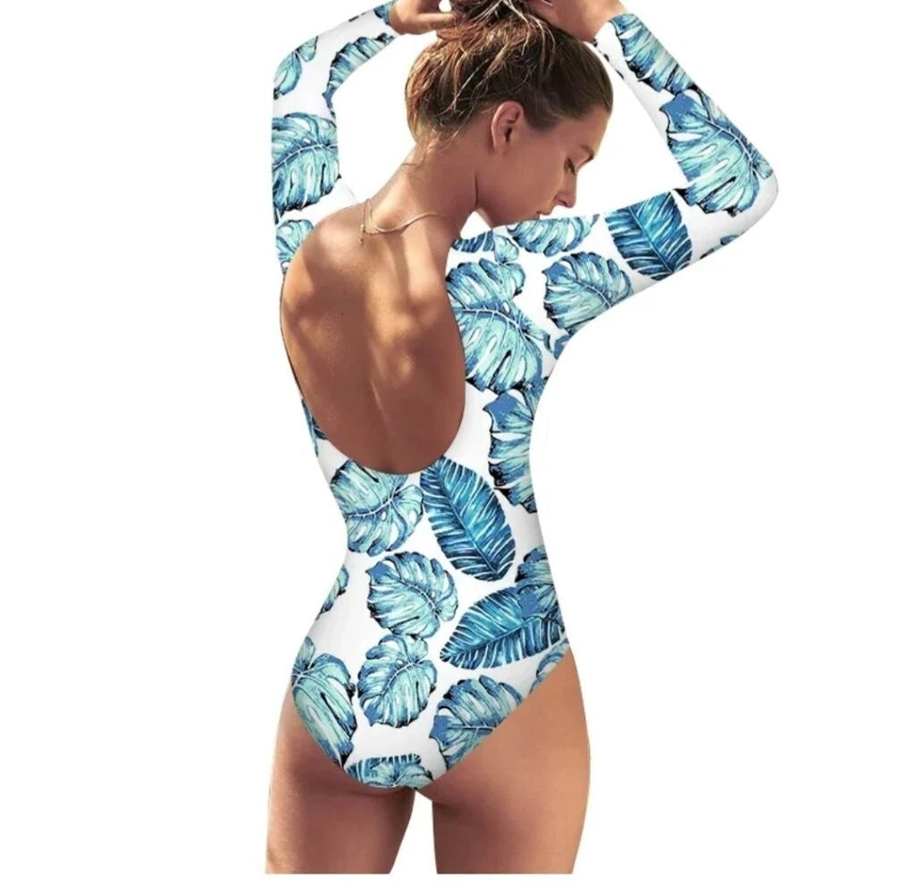 Drune | Tropisches Blattmuster Langarm Offene Rücken Rash Guard Einteiler Badeanzug