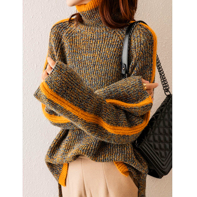 Drune Sweater | Eleganter, übergroßer Rollkragenpullover mit orangefarbenem Streifen für Damen