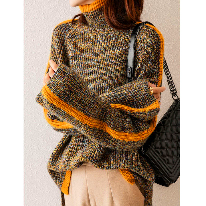 Drune Sweater | Eleganter, übergroßer Rollkragenpullover mit orangefarbenem Streifen für Damen