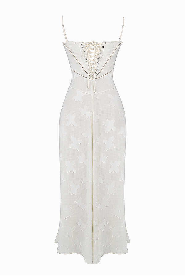 Retro Cremefarbene Maxi Kleid Mit Spitzeneinsatz hinten