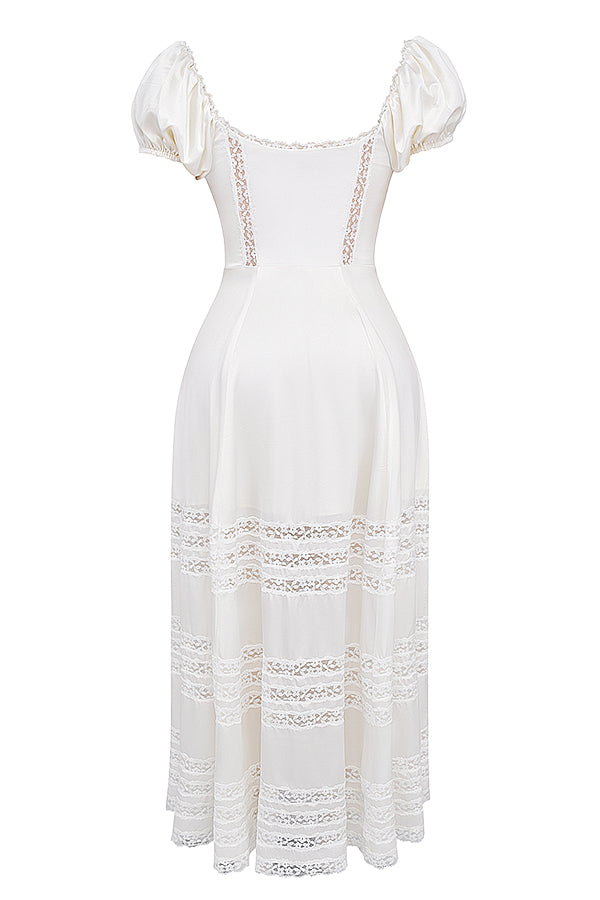 Drune | Elfenbeinfarbendes Kleid aus Echtem Seide mit Puffärmeln