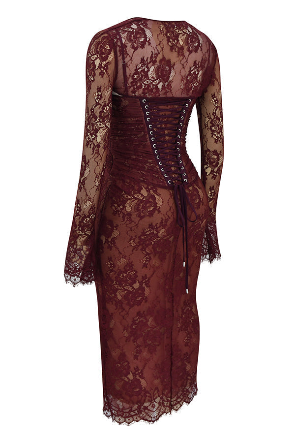 Drune | Midi Kleid aus Bordeauxrotem Spitze